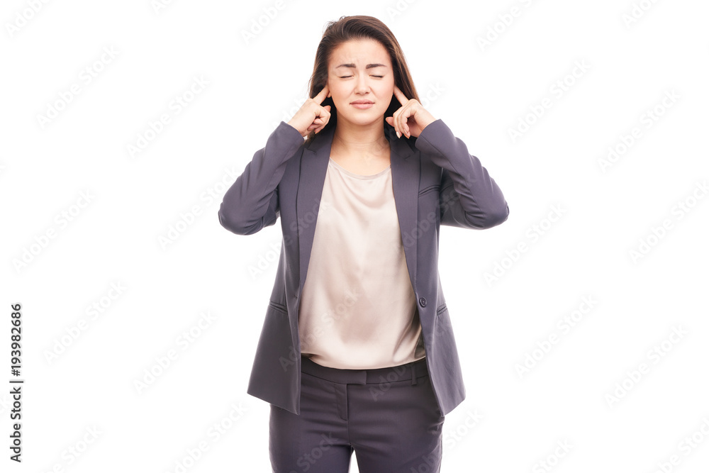 Portrait of emotional Asian businesswoman posing on white background Portrait of emotional Asian businesswoman posing on white background