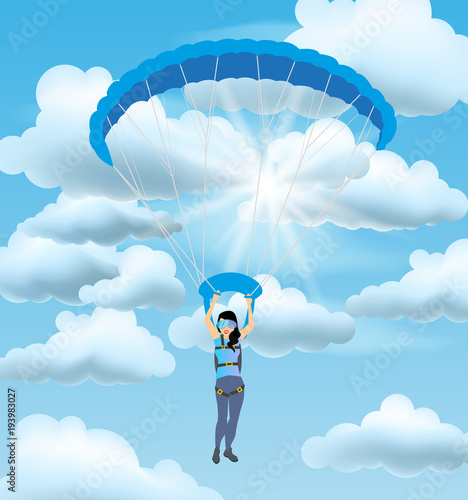 Skydiver woman flying in the blue cloudy sky. Vector female character illustration in flat style. Sky diving cartoon sportsman. Woman parachutist with paratrooper flying in the blue sky.