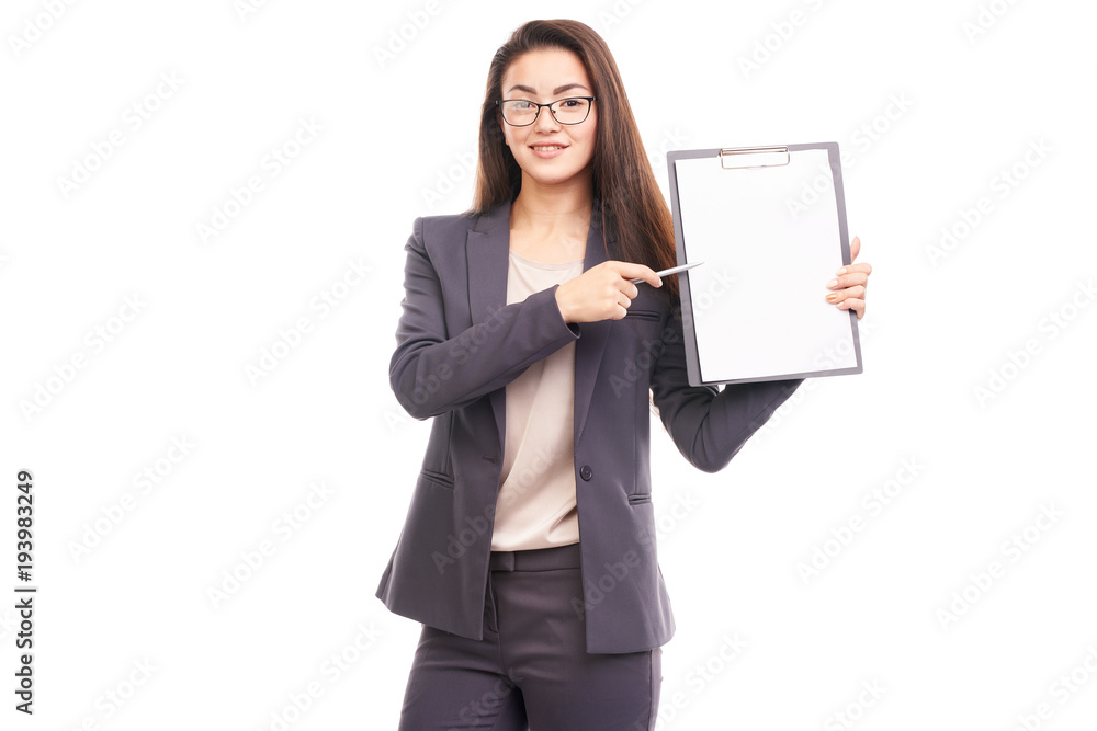 Portrait of female financial advisor posing with document on white background Portrait of female financial advisor posing with document on white background