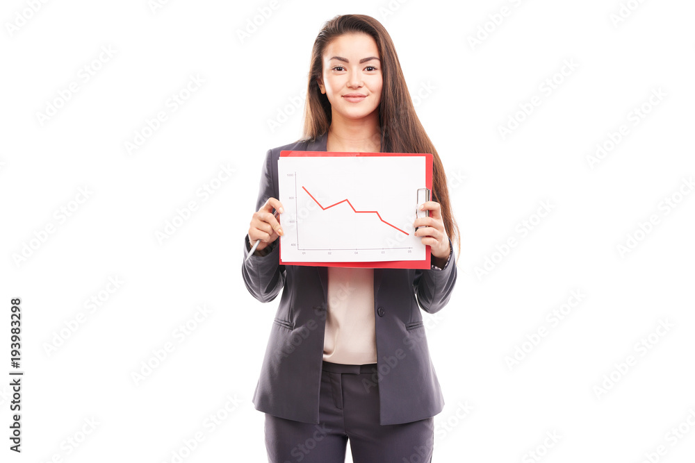 Portrait of female financial advisor posing with document on white background Portrait of female financial advisor posing with document on white background