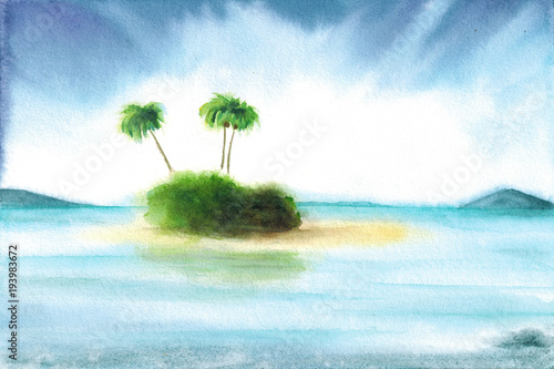 Watercolor hand drawn illustration of sea landscape with an island and palm trees witj paper texture art