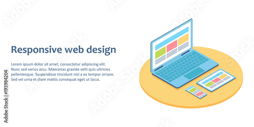Flat isometric illustration of devices with different view one web page. For demonstration responsive web design