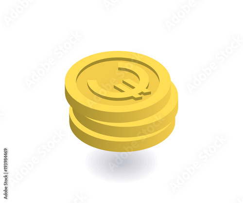 Euro icon. Pile of gold coins with euro sign. Vector illustration in flat isometric 3D style.