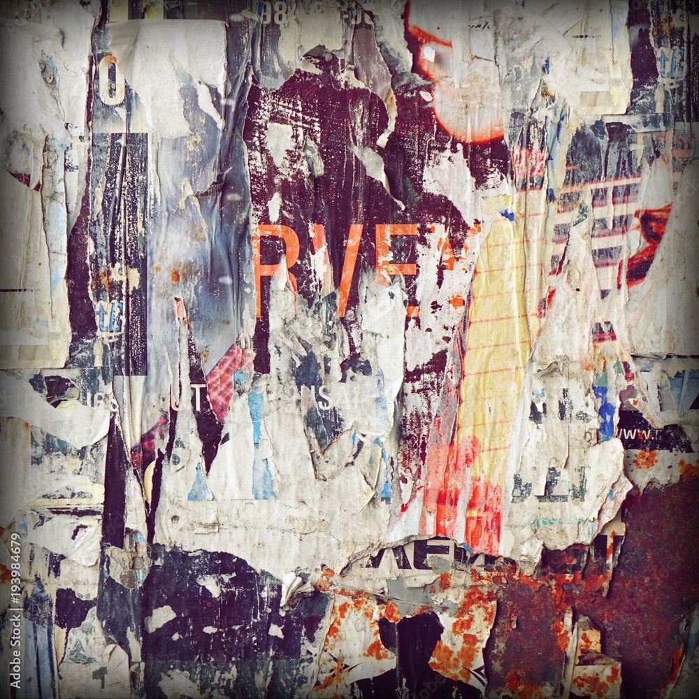 Fototapeta premium Old Billboard With Torn Poster, Paper, Ads, Stickers Frame Backgroun