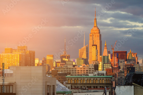 Sunlight glows on the skyline of the Midtown skyscrapers of New York City