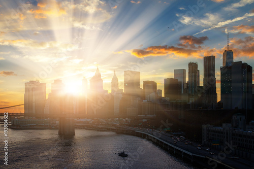 Sun shines on New York City downtown Manhattan skyline