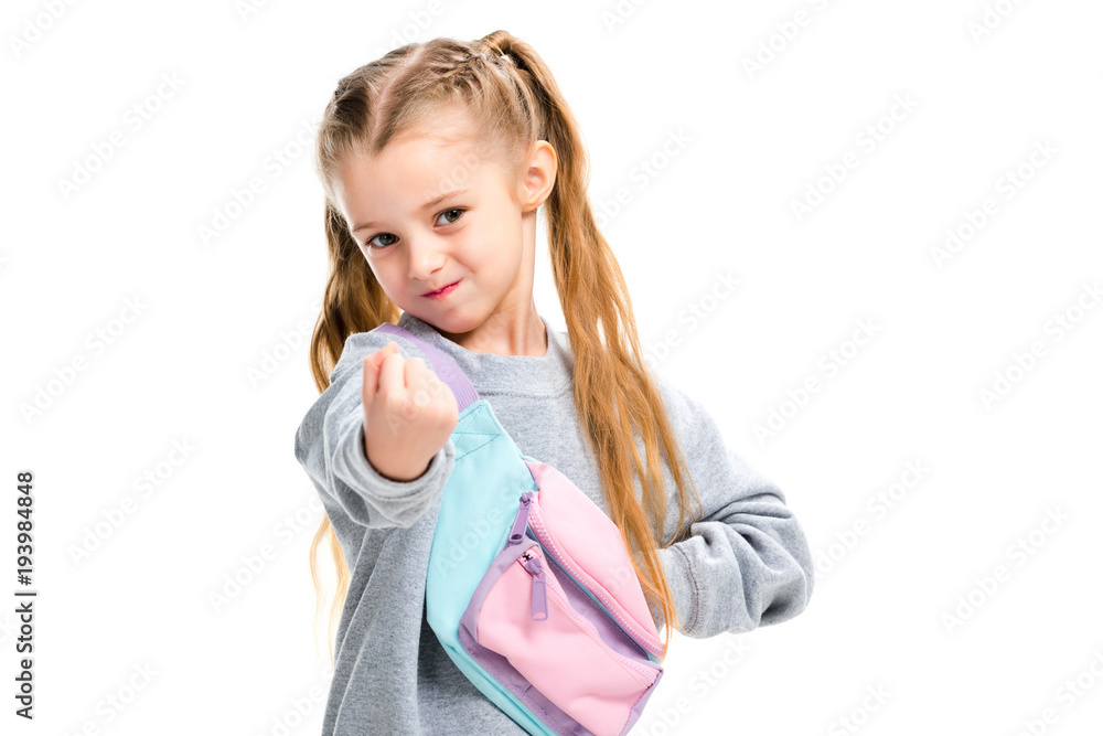 Stylish child showing fist isolated on white Stylish child showing fist isolated on white