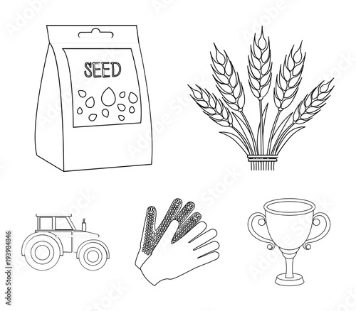 Spikelets of wheat, a packet of seeds, a tractor, gloves.Farm set collection icons in outline style vector symbol stock illustration web.