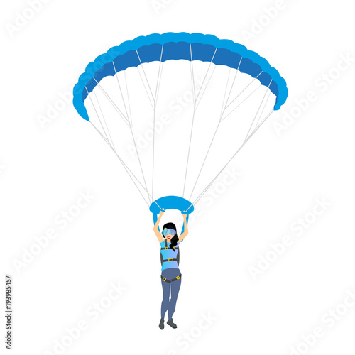 Skydiver woman flying. Vector female character illustration isolated on the white background. Sky diving cartoon sportsman. Woman parachutist with paratrooper flying in the blue sky.