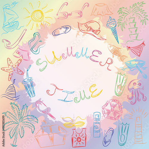 Summer Time. Hand Drawn Summer Vacancies Symbols. Colorful Doodle Boats, Ice cream, Palms, Hat, Umbrella, Jellyfish, Cocktail, Sun. Vector Illustration.