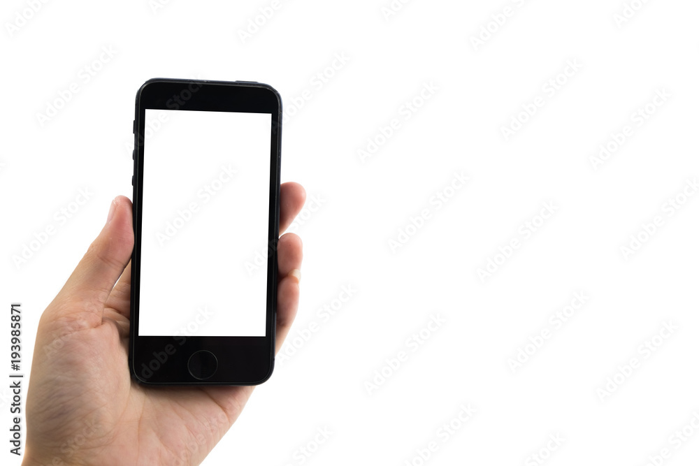 white background hand of caucasian woman hold mobile phone with copy space. image for body, technology, communication, gadget, isolated, person, telephone concept