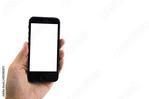 white background hand of caucasian woman hold mobile phone with copy space. image for body, technology, communication, gadget, isolated, person, telephone concept