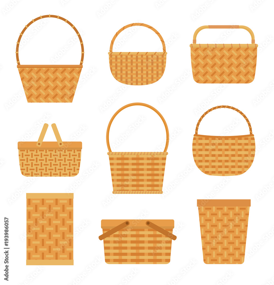 Collection of empty baskets, isolated on white background. Flat style vector illustration.
Collection of empty baskets, isolated on white background. Flat style vector illustration.