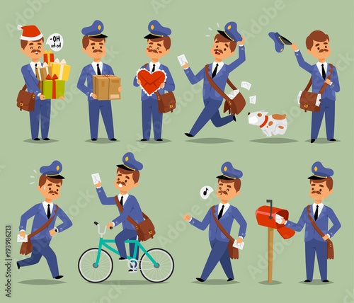Vector postman cartoon man character courier occupation carrier. Cute mustache man uniform delivery mail letters package transportation postman. Mail business shipping man character message deliver