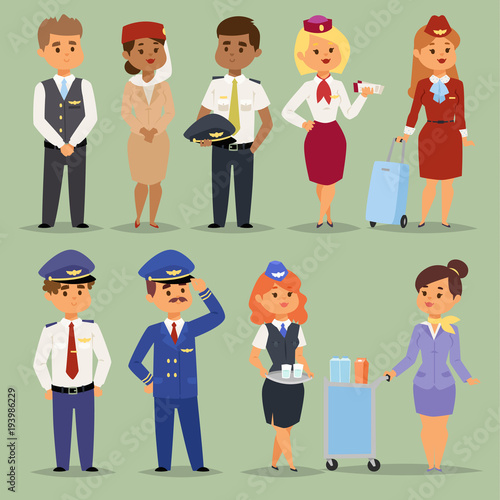 Officers flight pilots flight attendants vector people. Stewardesses and pilots flight attendants isolated pilot and air hostess flight attendant. Flight captain professional male and femail