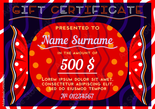 Children's gift certificate in the form of bright red candy on a dark background in a decorative style
