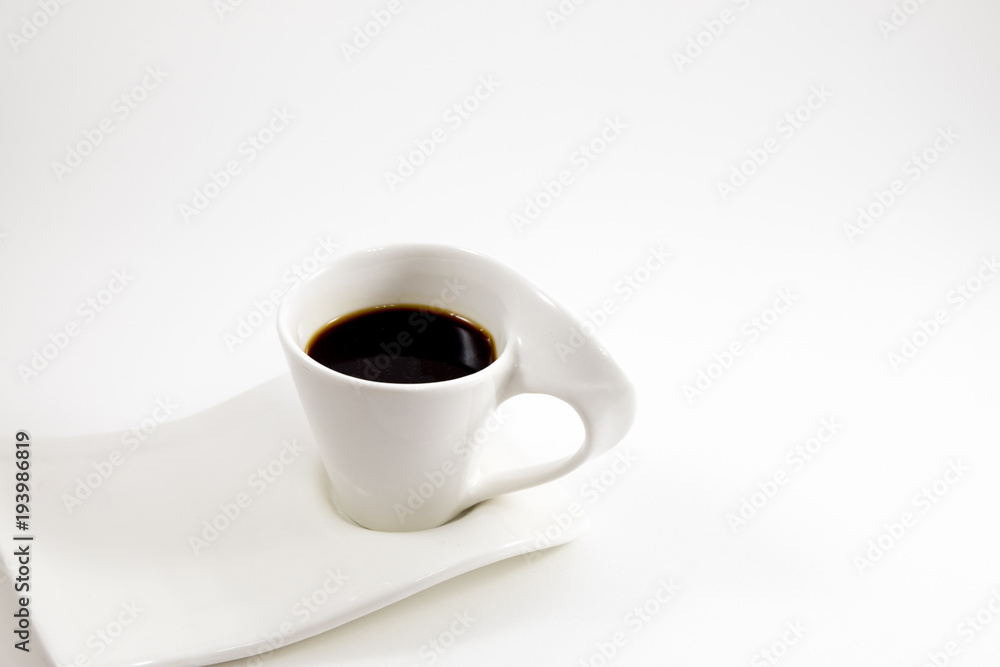 white background coffee cup with coffee placed on dish. image for copy space, food, drink, isolated, beverage, business concept