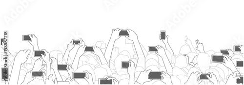 Illustration of concert audience cheering and recording with phones at live festival party performance