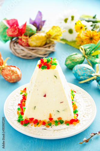 Traditional Easter dessert made from cottage cheese and candied "Easter" on the holiday table.