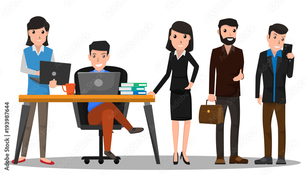 business people teamwork. Businessman and businesswoman in flat design people characters. People working in various pose vector illustration. Boss, Manager, Employee.