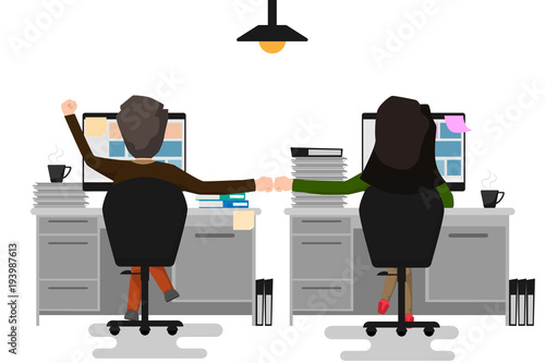 Two business man and woman making a fist bump at the office colleagues collaboration Teamwork Concept. Concept of Business Competition or partnership. cartoon character vector illustration.