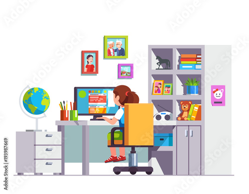 Student kid sitting at desk, doing school homework