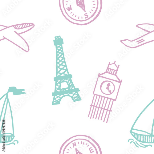 Travel, journey theme. Seamless pattern. Vector illustration. Colorful background