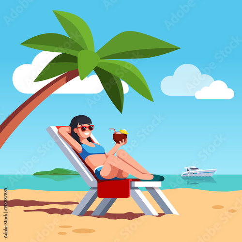Woman in swimsuit sunbathing at sea beach
