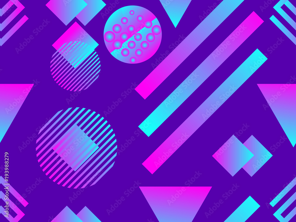 Memphis seamless pattern. Holographic geometric shapes, gradients, retro style of the 80s. Memphis design background. Vector illustration Memphis seamless pattern. Holographic geometric shapes, gradients, retro style of the 80s. Memphis design background. Vector illustration