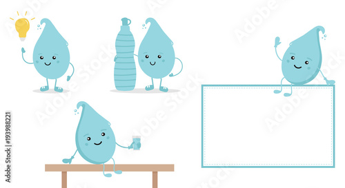 Set, collection of cartoon doodle water characters with bottle and glass of water, promoting the idea of hydrate yourself properly, do not forget about drinking water.