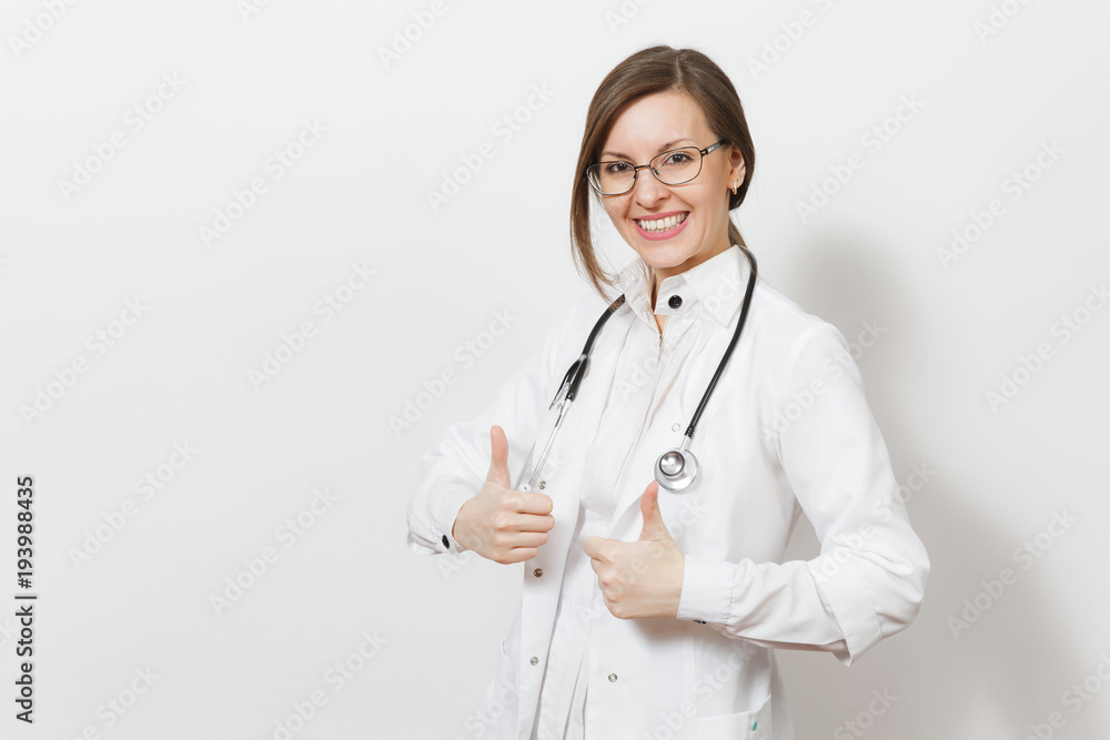 Smiling sexy young doctor woman with stethoscope, glasses isolated on white background. Female doctor in medical gown showing thumbs up on copy space. Healthcare personnel, health, medicine concept. Smiling sexy young doctor woman with stethoscope, glasses isolated on white background. Female doctor in medical gown showing thumbs up on copy space. Healthcare personnel, health, medicine concept.