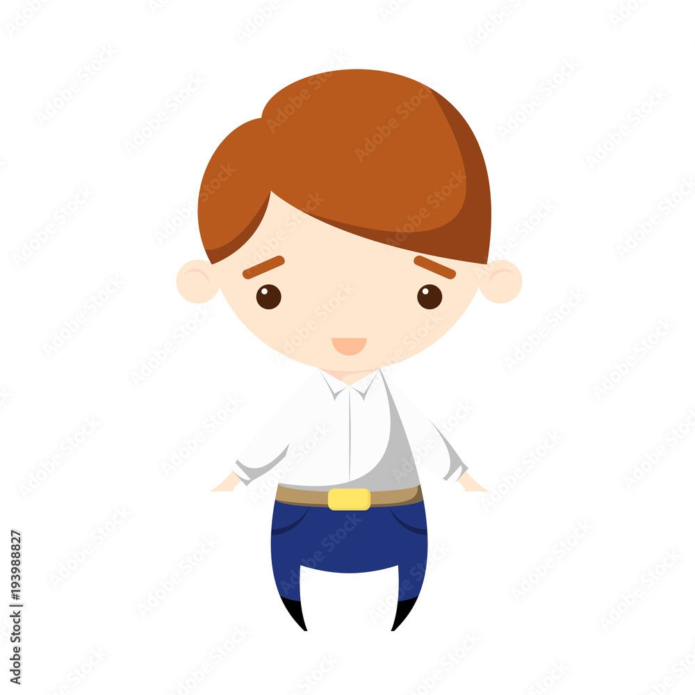Vector illustration of a boy character in white shirt with blue trousers.