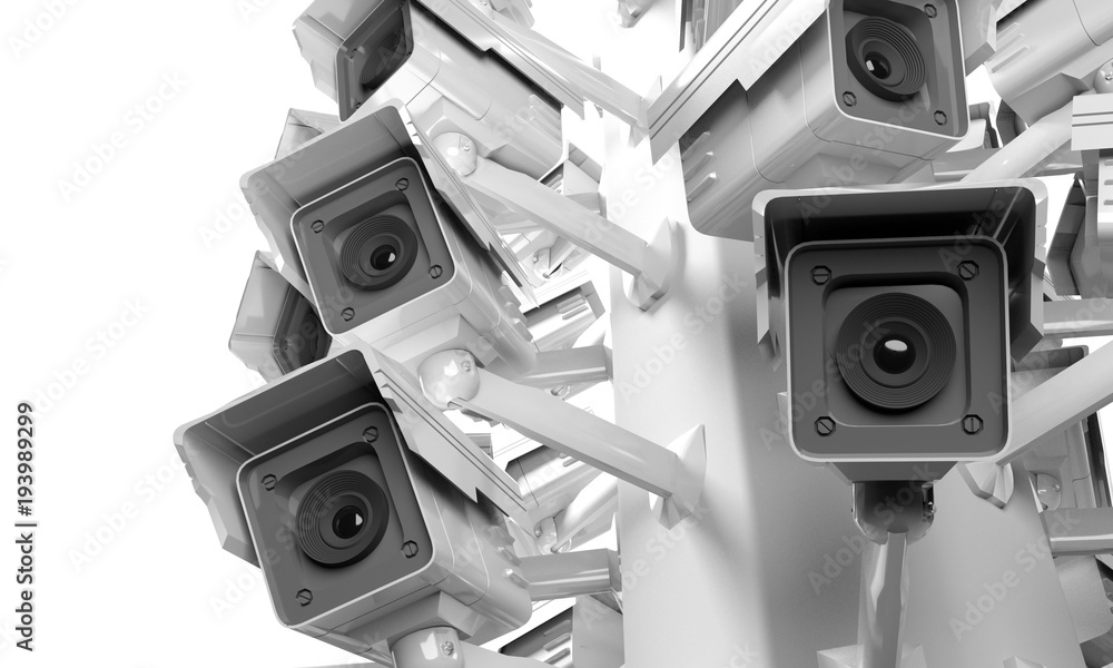 Many security cameras on the city pillar, big brother watching you.  Surveillance CCTV camera. 3D rendering Stock-Illustration | Adobe Stock