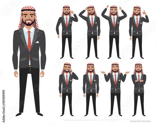 Arab businessman character set of emotions and poses.
