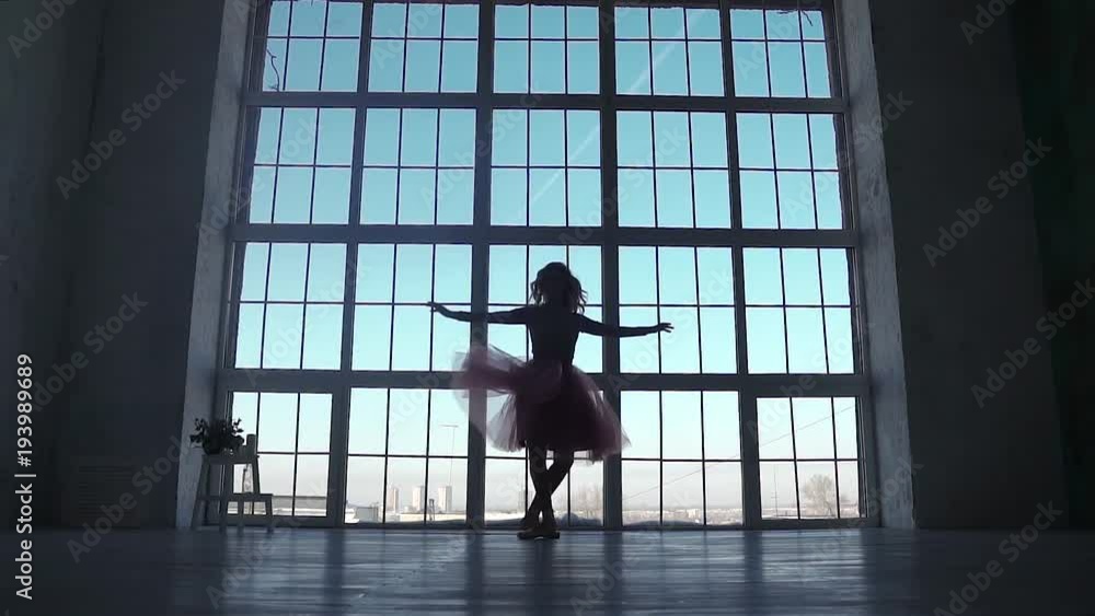 silhouette of a ballerina on a background of a large window. ballet dancer spinning in pointe shoes. silhouette of ballerina in classical tutu silhouette of a ballerina on a background of a large window. ballet dancer spinning in pointe shoes. silhouette of ballerina in classical tutu