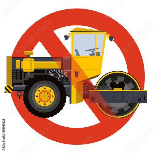 Prohibition of roadroller entry symbol. Heavy vehicles strict ban sign. Caution of construction machinery, ground works. Construction work steamroller forbid. Vector yellow big roller icon, isolated.