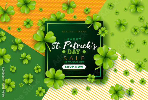 St. Patrick's Day Sale Design, with Clover and Typography Letter on Green Background. Vector Irish Lucky Holiday Design Template for Coupon, Banner, Voucher or Promotional Poster.