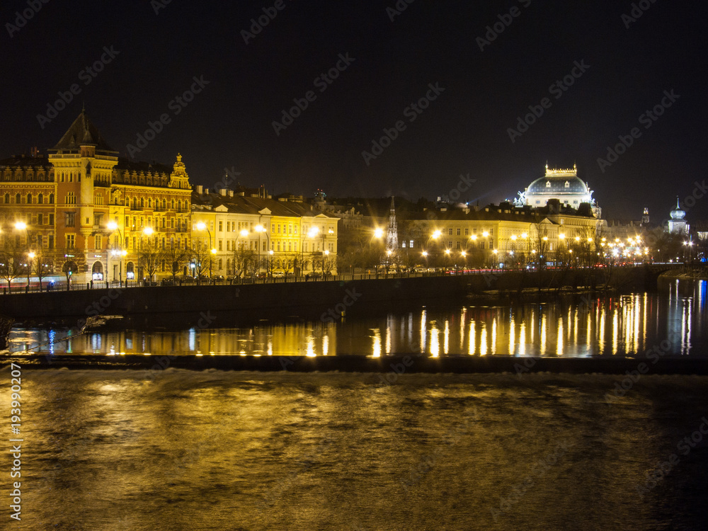  View to the Prague National Theatre over Vltava in the night
