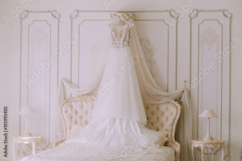 bridal wedding dress in a luxury bedroom