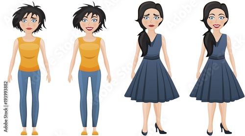 Set of emotional women in different clothes. Sad and happy woman. Casual business clothes and simple shirt and jeans clothes. Same woman with different hairstyles. Vector illustration photo