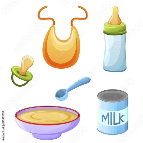 Set of kid stuff. Baby food, bottle and dry milk can and dummy, a plate with porridge and a toddler spoon. Toddler accesories isolated on white background