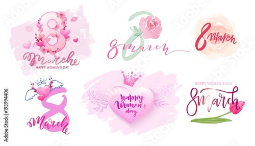 8 March, Happy women s day with flowers, hearts.