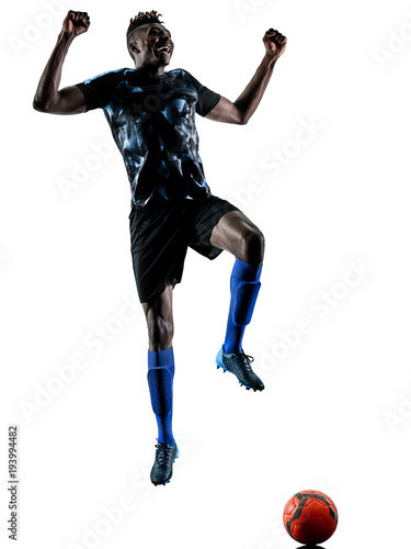 one african soccer player man playing in studio isolated on white background
