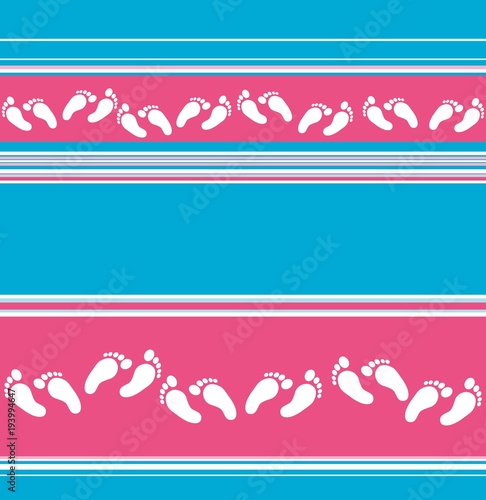 Seamless horizontal striped pattern with scattered baby feet motif