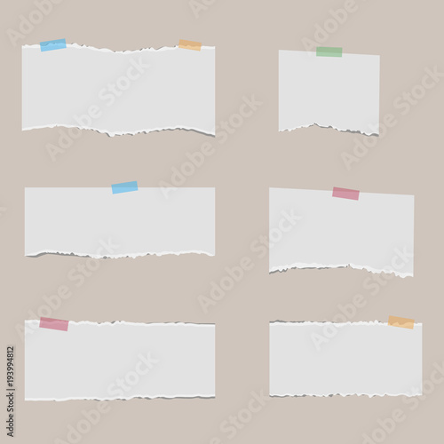 Blank ripped note paper with sticky tape. Vector.