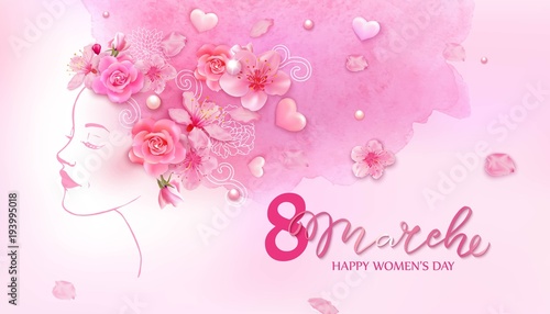 8 march. Mother s day. Beautiful woman with spring flowers,
