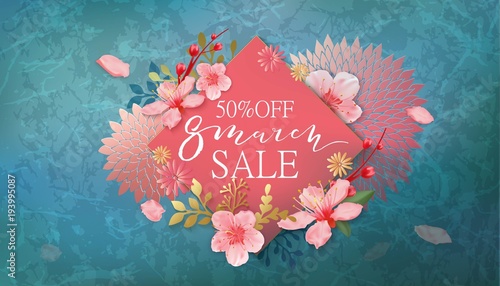 8 march sale banner with cherry blossoms, sakura