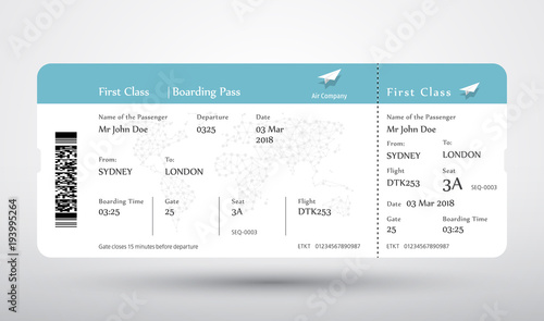 Boarding pass ticket vector. First class boarding pass design background. Vector illustration of airline boarding pass. Boarding pass ticket.