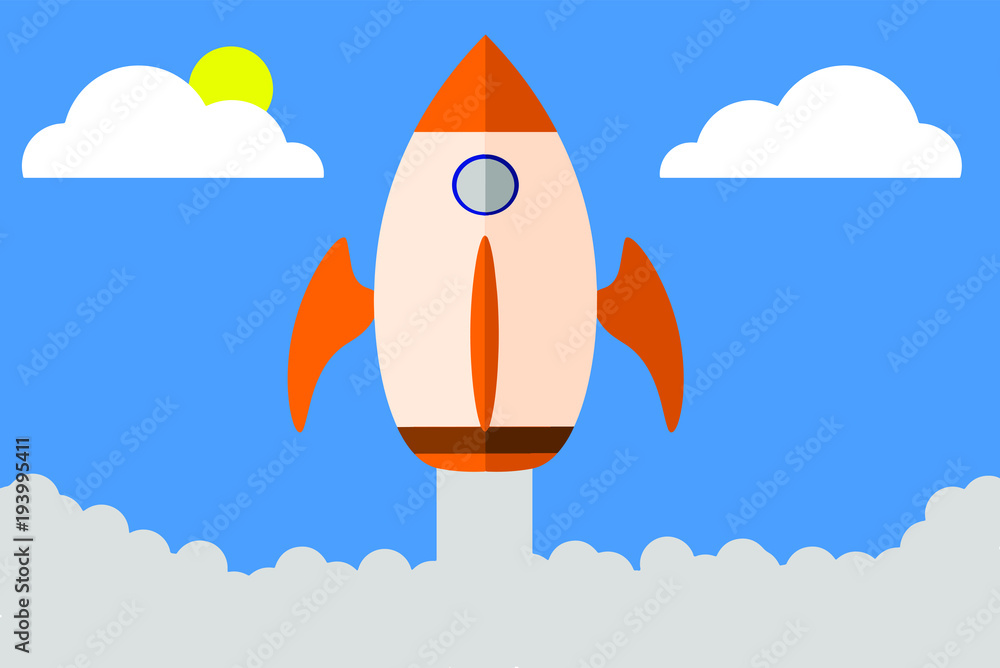 Illustration of a rocket going up through the blue sky