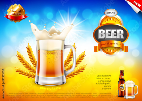 Beer ads. Frothy mug and wheats on field bokeh vector background